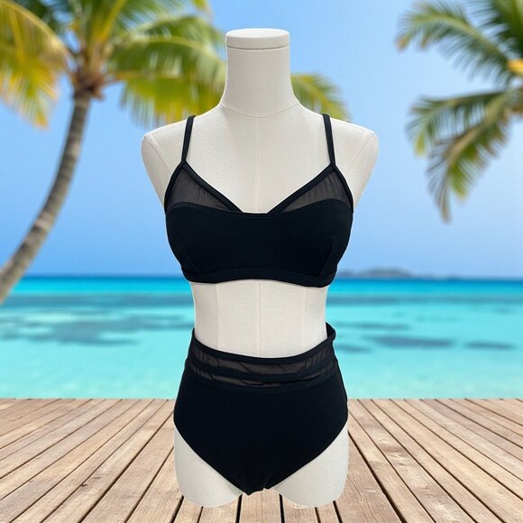 Cupshe Black Mesh Bikini Set High Waist Swimwear Cruise Chic Minimalist Resort S - Picture 1 of 10